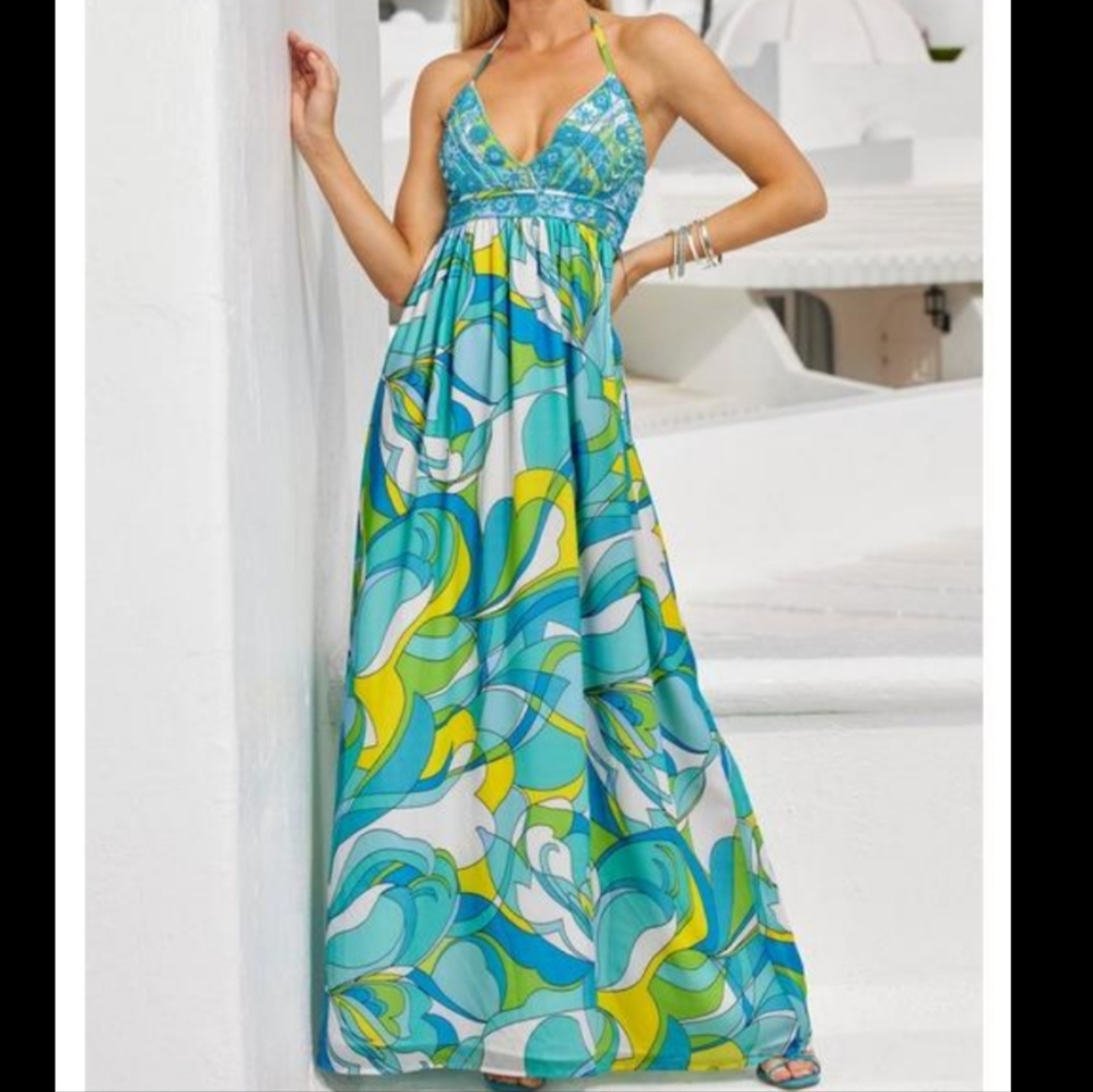 Boston Proper beaded halter maxi dress size Large